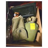 BOX MISC HUNTING ITEMS, CANTEEN, HOLSTER, ETC