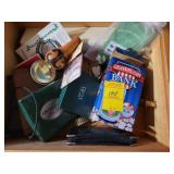 WOOD BOX W/ASST. ITEMS, COIN BANK, BULOVA MENS