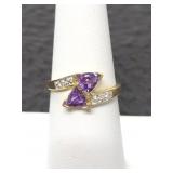 10K GOLD AND AMETHYST? DOUBLE TRIANGLE RING -