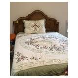 FULL SIZE BED, MATTRESS, BEDDING W/ BURL HEADBOARD