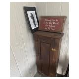 SMALL CABINET 17.5"x7"x41" W/ 2 PIECES OF ARTWORK.