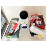 BOX OF INK PENS, PENCILS, MARKERS, AMAZON ECHO,