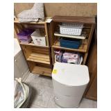 6 WOODEN CRATES SHELVING, TRASH CAN, SCALE