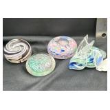 4pc three blown glass, paper, weight and one