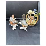 4 global bisque, figurines, three birds, one