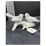 gray and white birds perched on a branch.