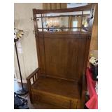 Oak mission style lift top hall seat with mirror