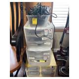 STORAGE BOXES W/ BATTERIES, PICTURE HANGERS...