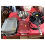 BAKING PANS, STRAINERS, 2 FRYING PANS, & PAN STAND