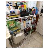 METAL SHELF W/ CONTENTS OF SHELF & WOODEN SHELF