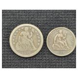 1861 SEATED LIBERTY HALF DIME AND 1858 SEATED