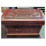 11" X 8" X 9" CARVED WOODEN TREASURE CHEST W/ TRAY