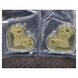 (2) HEART SHAPED GILT PANDA MEDALS - HAPPY