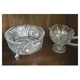 CRYSTAL 3 FOOTED BOWL, CRYSTAL CREAMER AND