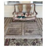 2 RUGS, BENCH, IRON & WOOD TABLE - NEEDS WORK