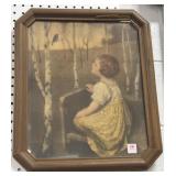 ANTIQUE PRINT "LITTLE GIRL AND BIRD" FRAMED -