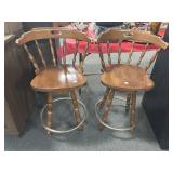 (2) MAPLE BAR STOOLS W/METAL FOOT RAIL - C. 1970