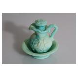 Vintage Avon Green Slag Glass Bath Oil Pitcher & B