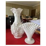MILKGLASS FAN VASE & GRAPE PATTERN VASE