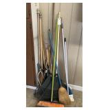 MISC. YARD TOOLS - RAKES, SHOVE, BROOMS, ECT
