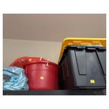 TOTE & RED BUCKET OF BEACH TOWELS & INTERTUBES