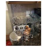 COFFEE PRESS, GLASS SUNDRY JAR, WOODEN SALT &