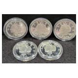 (5) LIBERTY SILVER ROUNDS: (3) 1/2 OZ & (2) 2/5 OZ