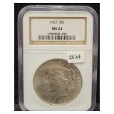 1922 PEACE SILVER DOLLAR - NGC: MS63