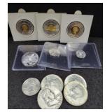 ASSORTED COINS AND ROUNDS: (3) 40% SILVER KENNEDY