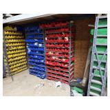 4 metal shelves with plastic drawers and