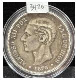 1878 SPAIN 5 PESETAS COIN - 90% SILVER -