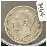 1885 SPAIN UNA PESETA COIN - 83.5% SILVER -