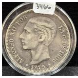 1879 SPAIN 5 PESETAS COIN - 90% SILVER -