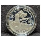 WWII 50TH ANNIV. PROOF SILVER DOLLAR W/ BOX