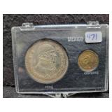 1964 MEXICO SILVER 1 PESO COIN AND 1 CENTAVO COIN