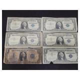 (6) ASSORTED $1 SILVER CERTIFICATES - ONE IS
