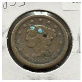 1853 LARGE CENT - DAMAGE TO OBVERSE