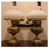 Vtg Brass Hurricane Swirl Milk Glass Shade Lamps