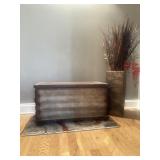 Wood and metal storage bench/trunk, rug, vase