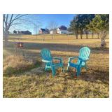 Two turquoise blue Adirondacks chairs.