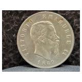 1869 ITALY 5 LIRE - 90% SILVER - 25 GRAMS