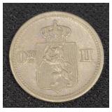 1875 NORWAY 10 ORE 3 SKILLING COIN - 40% SILVER -