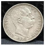1897 ITALY 2 LIRE COIN - 83.5% SILVER - 10 GRAMS