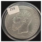 1869 BELGIUM 5 FRANCS - 90% SILVER - 25 GRAMS