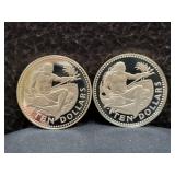 1973 & 1975 BARBADOS $10 PROOF LIKE COINS - 92.5%