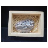 T-REX FOSSIL SKULL IN 3 TROY OZ .999 FINE SILVER -