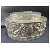 SILVER TEA CADDY WITH CHERUBS AT PLAY ALL AROUND -