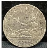 1870 SPAIN 2 PESETAS - 83.5% SILVER - 10 GRAMS