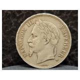 1869 FRANCE 5 FRANCS - 90% SILVER - 25 GRAMS