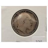 1908 BRITISH 1 SHILLING - 92.5% SILVER - 5.65 GRAS